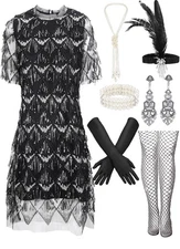 Women's 8 Pc 1920's Tisancy Flapper Dress Black/Silver Costume Accessories XL