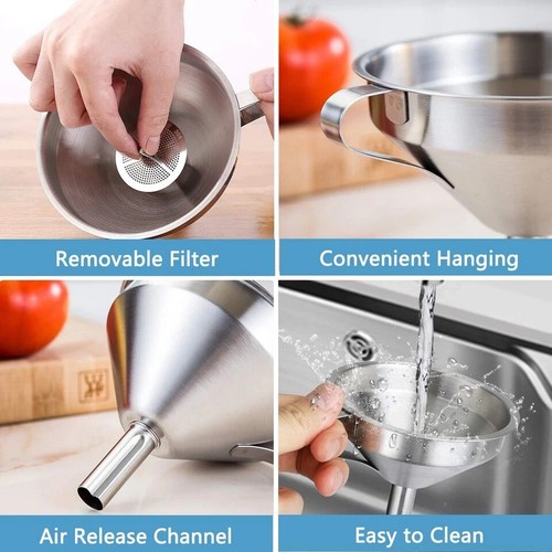 Stainless Steel Food Funnel W/Strainer & 200Mesh Filter Transferring Canning Oil - Picture 4 of 6