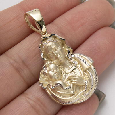 1 3/4'' Diamantgeschliffenes Jesuskind Medaillon Lady Guadalupe 10K Gelb Weißgold