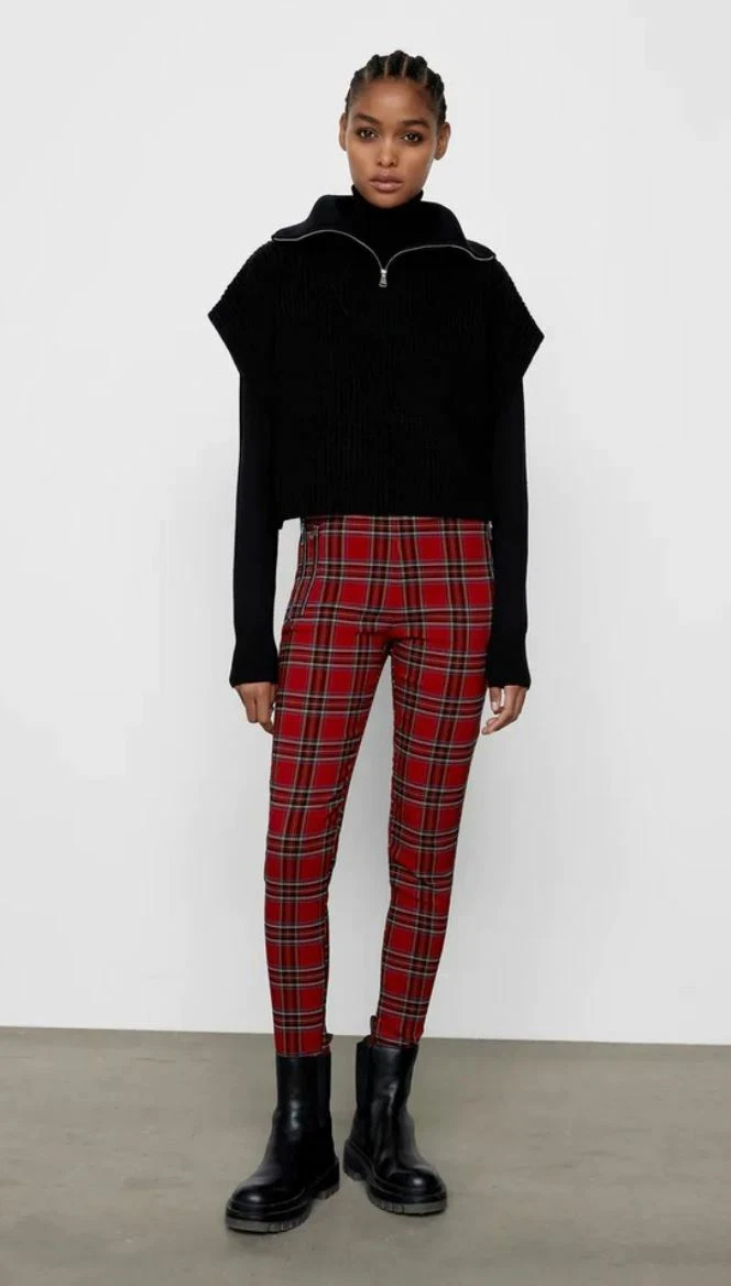 new Zara women legging pants 4387/231/600 hi-rise red check sz XS $68