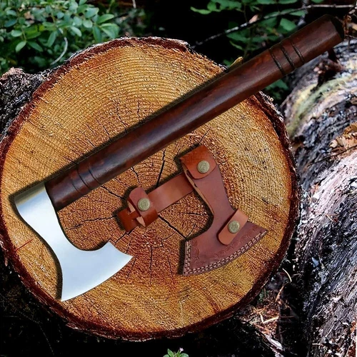 14 Inches Hand Forged Hatchet Axe - Real Rose wood Handle for Bushcraft, Camping