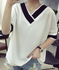 Women's V Collar Short Sleeved Chiffon Top White Size S