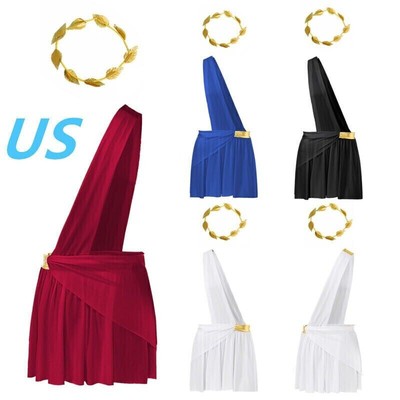 US Mens 2Pcs Greek God Costume Ancient Roman Toga Skirt and Gold Headband Outfit