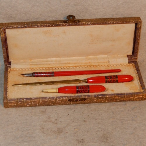 Vintage German Dip Pen Mechanical Pencil Desk Set RED Silver Inlay Letter Opener - 第 1/10 張圖片