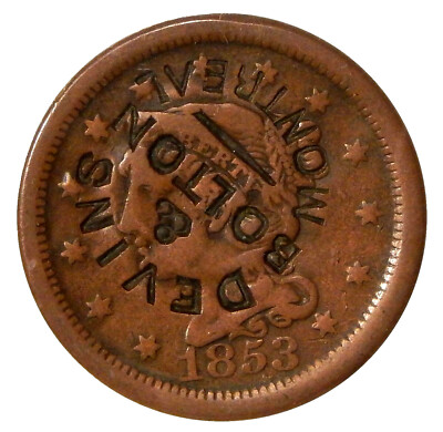 DEVIN'S & BOLTON MONTREAL COUNTERSTAMP ON 1853 COPPER LARGE CENT