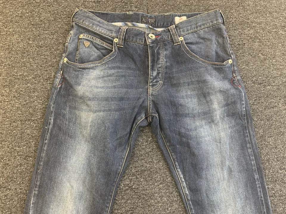 Armani JO8 Slim Fit Mens 34 x 32 Blue Denim Button Fly Distressed Fade Stretch - image 2 of 4