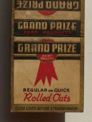 1930s Grand Prize Regular Quick Rolled Oats Matchbook