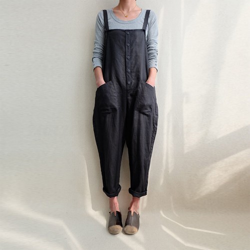 Womens Cotton Linen Casual Wide Leg Jumpsuit Rompers Lady Pockets Pants Trousers - Picture 10 of 16
