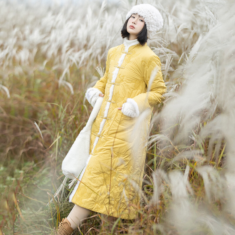 Women’s Long Winter Mink Wool Jacket Chinese Style Embroidered Warm Button Coat