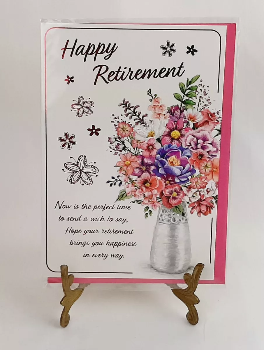 RETIREMENT ~ A Happy Retirement Card With Ruby Foil Lettering And A Bouquet  | eBay