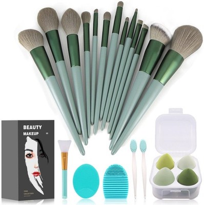 Pro 22Pcs Green Makeup Brush Set(Greens) w/ Sponges & Cleaner for Face & Eyes...