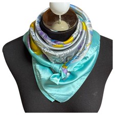 VTG Watersilk Square Floral Scarf Blue Yellow Purple White Gray Green Flowers