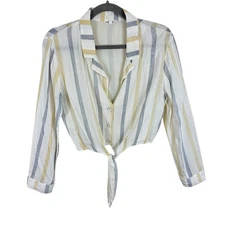 LUNIK Striped Lightweight Cropped Collared Button Up Tie Front Blouse Size M