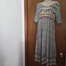 Boho Floral Paisley Mixed Print Midi Dress Women Medium Empire Waist Half Sleeve
