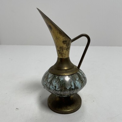 Vintage 6 Inch Delftware Pitcher Brass Accents Mid 20th Century