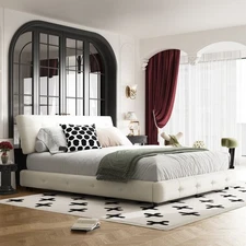 Queen/King Size Modern Upholstered Platform Bed Frame w/ Headboard & Metal Legs