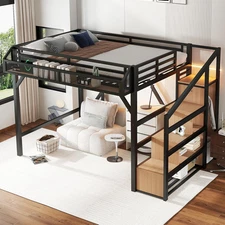 Full Size Loft Bed with Stairs and Wardrobe, Full Size Loft Bed with Charging St