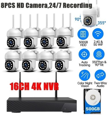 Wireless CCTV Security Camera Systems 16CH 4K NVR 8pcs Outdoor PTZ Cameras Audio