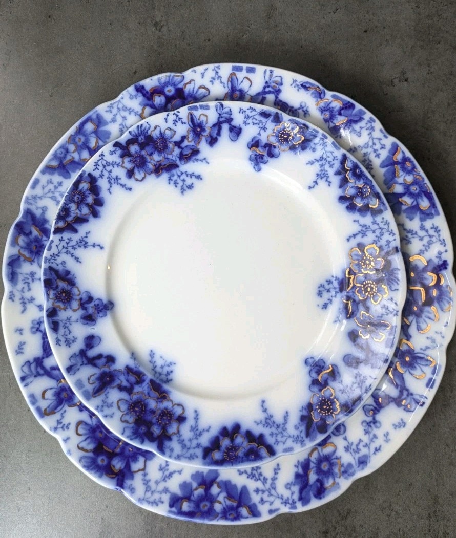 2 Antique Johnson Bros Flow Blue Peach Royal Dinner Salad Plates England