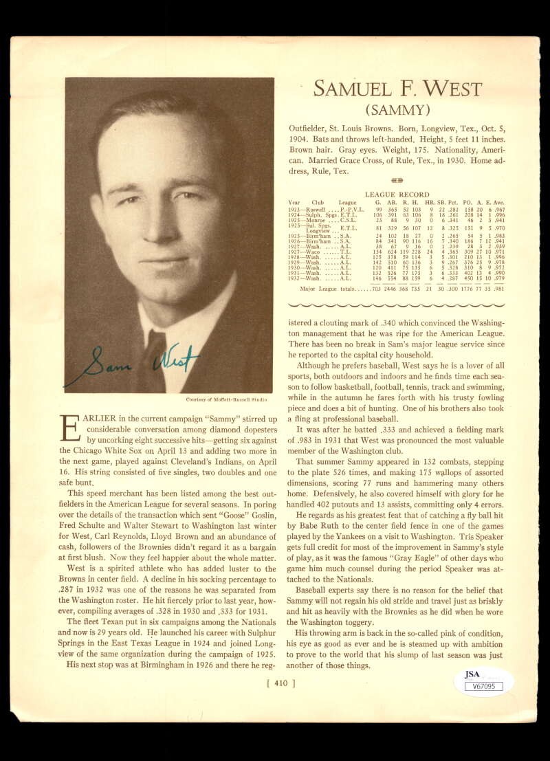 Sammy West JSA Coa Signed 9x11 1933 Whos Who Page Autograph