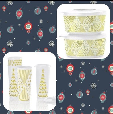 NIB Tupperware Treeful Tidings tumblers 4 Pc Set & 2 Stacking bowls