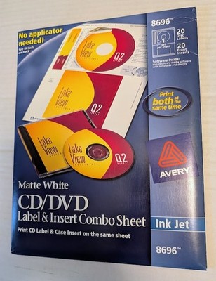 Avery CD Label & Insert Combo Sheet 8696 Matte White 20 Labels & Insets New