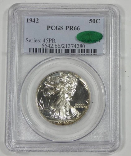 1942 Walking Liberty Half Dollar CERTIFIED CAC & PCGS PROOF 66 Silver 50c