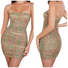 House of CB Ella Floral Ruched Mesh Mini Dress XS Adjustable Straps