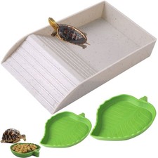 3 PCS Tortoise Food Dish with Ramp, Basking Platform, Leaf Water Bowls, Gray