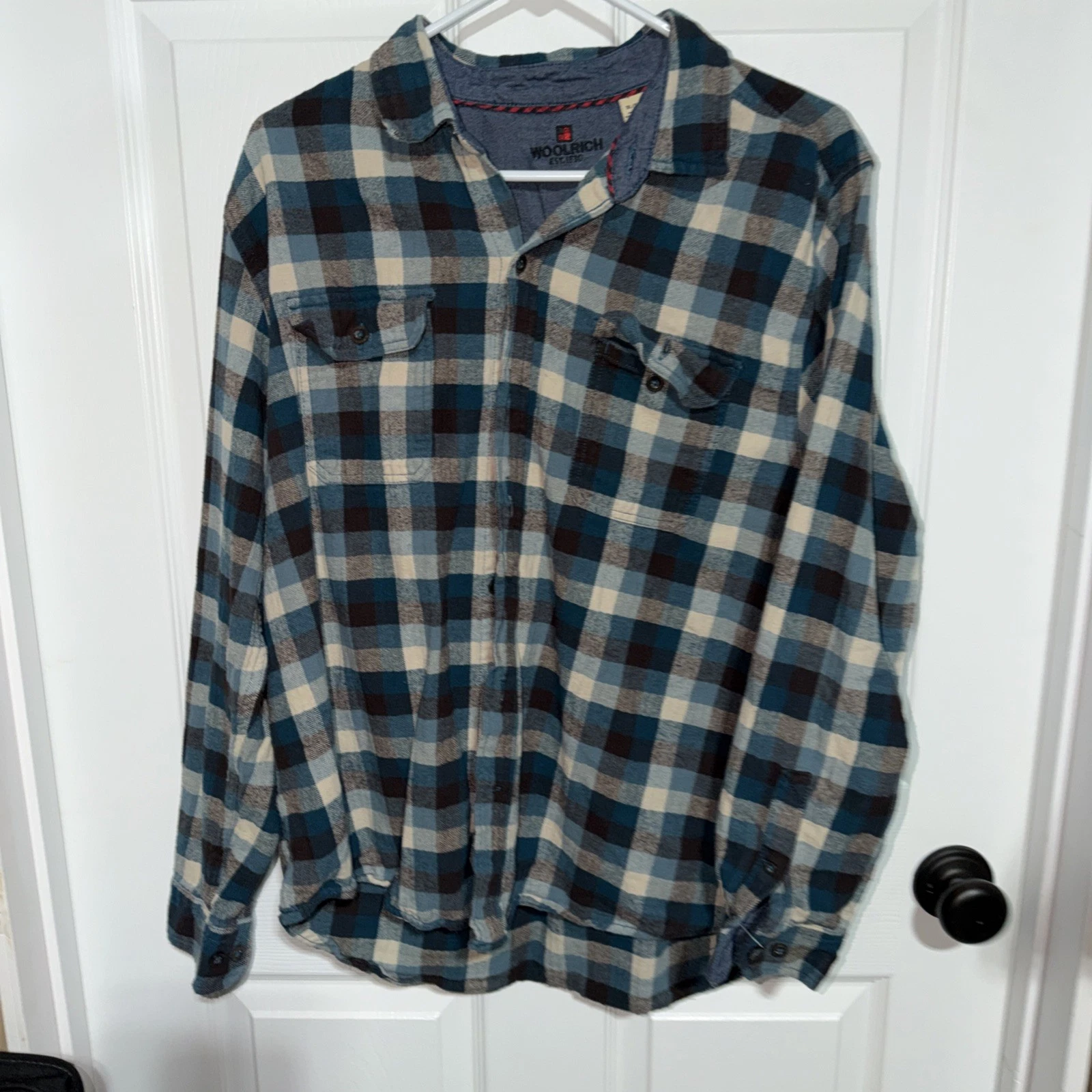 Woolrich plaid flannel shirt, made of brushed cotton, blue, beige, and brown -XL
