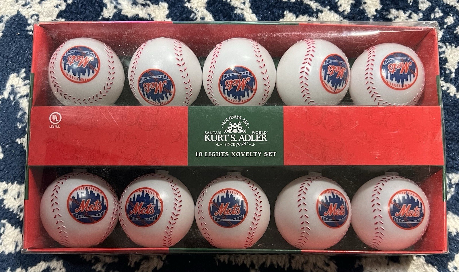 Kurt Adler New York Mets Baseball Christmas String Lights Novelty Set Mancave
