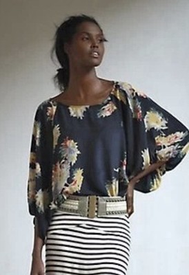 Anthropologie Lil First Hints M Medium Floral 100% Silk Blouse Top Balloon