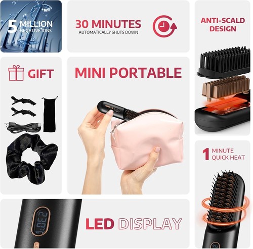 Cordless Hair Straightener Brush Portable Mini Straightening Brush for Travel Up - Picture 2 of 7