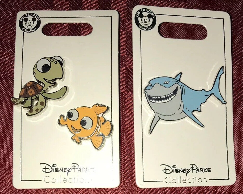 Juego de prendedores Finding Dory Squirt y Nemo de los parques de Disney y prendedor Bruce el tiburón nuevo difícil de encontrar