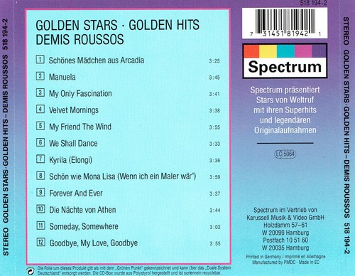(CD) Demis Roussos - Golden Stars - Golden Hits - Goodbye, My Love, Goodbye - Bild 2 von 2