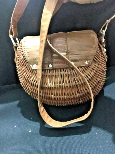 Vintage Hand Woven primitive Leather straw handbag Stylish fashion Semicircular - Picture 5 of 11