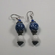 Vintage Blue Chinese Porcelain Faceted Bead Drop Dangle Hook Boho Artisan aretes