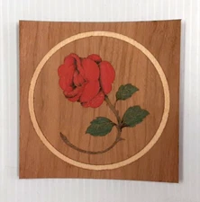 4 Inch Diameter Red Rose Inlay Marquetry Medallion,  VENEER WOODWORKING REQUIRED