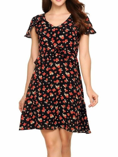 NEW Red Black Floral Chiffon V-neck Cap Sleeve Ruffle Party Dress M Medium Women
