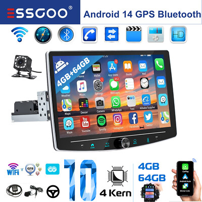 10.1'' Android 14 Carplay Autoradio mit Kamera GPS USB 1 DIN 360° Rotate Screen
