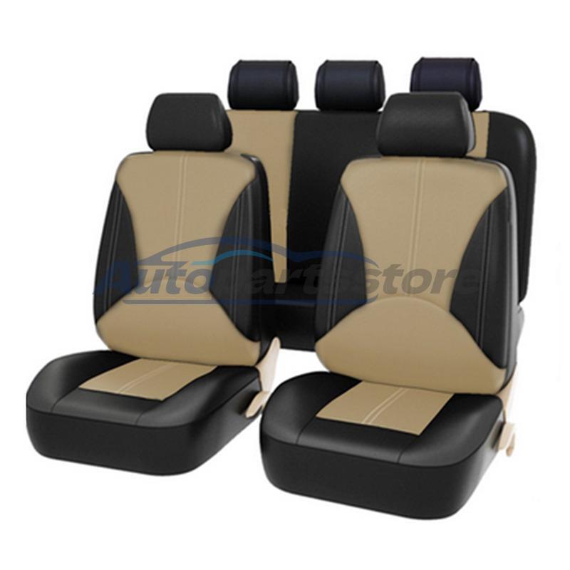9Pcs PU Leather Beige/Black Car Seat Covers Front & Rear Full Accessories Set