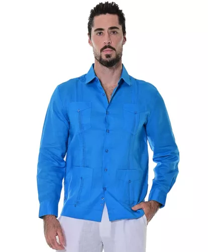 Bohio Mens 100% Linen Cuban Guayabera Shirt - Royal Traditional 4-Pocket- MLS501