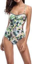 Lucky Brand Coastal Palms Green Print One Piece Swimsuit Monokini Tropical S