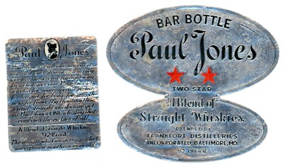 1920-30s Paul Jones Bar Bottle 2-Star Straight Whiskey Blend Baltimore Label WL4
