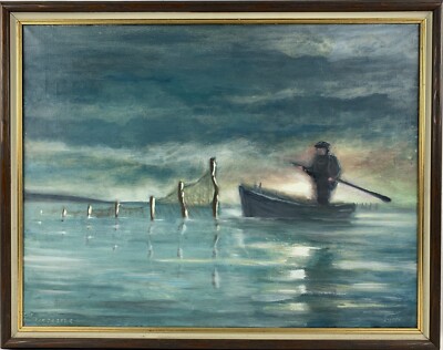 Ölbild Nordertor Flensburg Aalfischer mit Boot beim Netze stellen Frick signiert