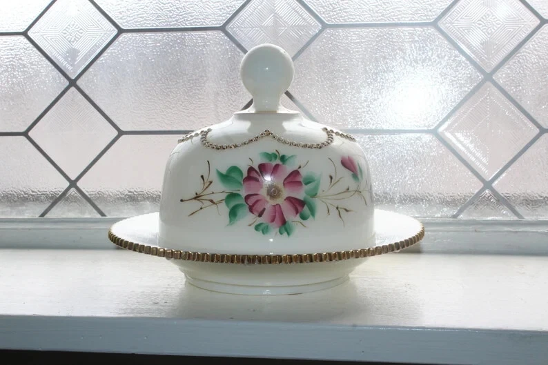 Gorgeous Antique EAPG Milk Glass Butter Dish Hand Painted Flowers