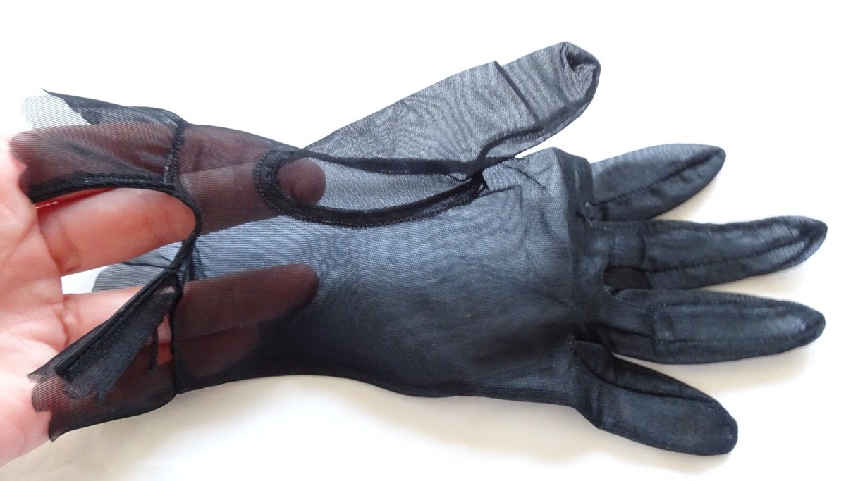 Vintage Ladies Black See Through Dress Gloves XS