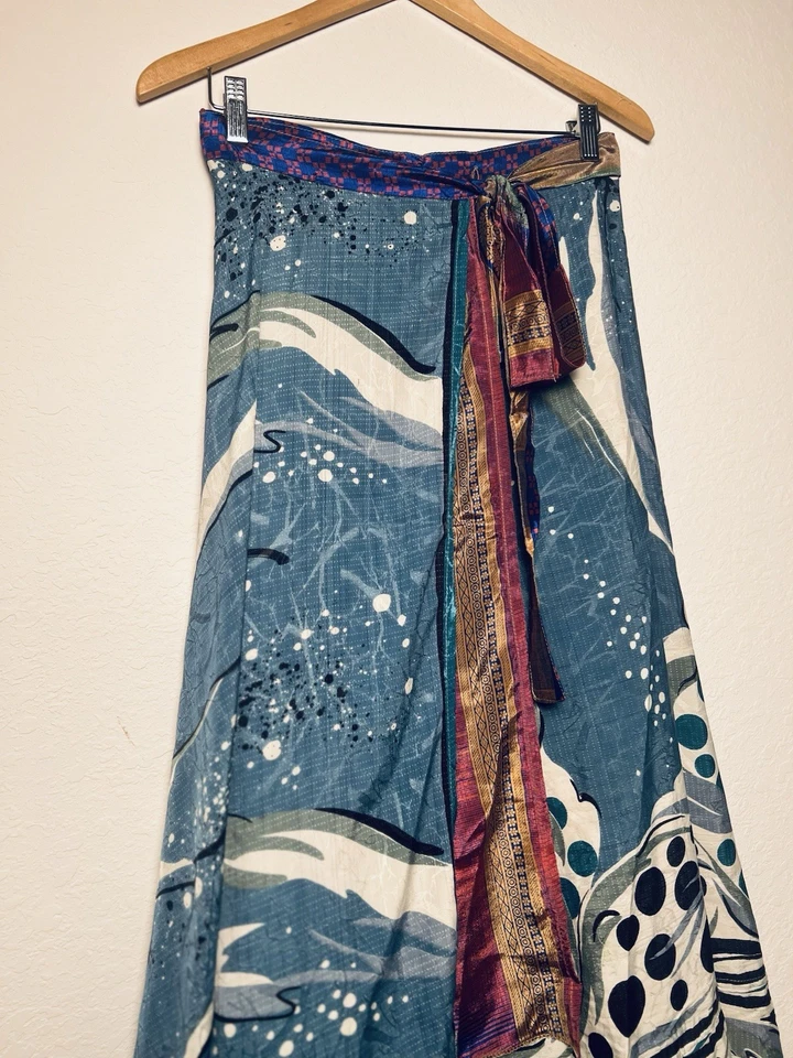Recycled 100% Silk Long Maxi Wrap Skirt Free Size Blue Abstract Print Gypsy Boho - Image 3 of 4