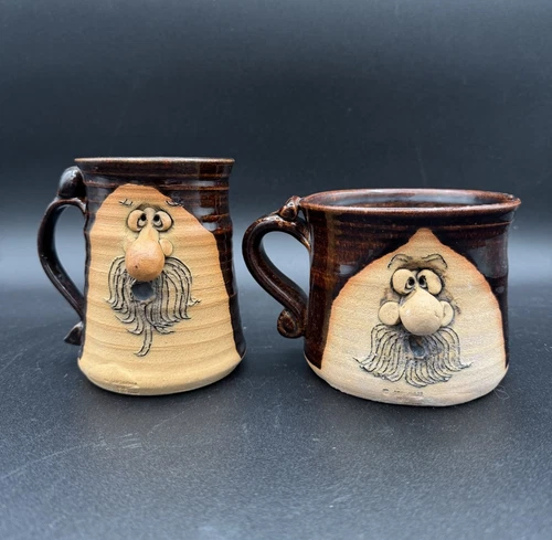 Pair of 1970s Vintage PETER PETRIE 3D FUNNY FACE MUSTACHE Art Pottery MUGS