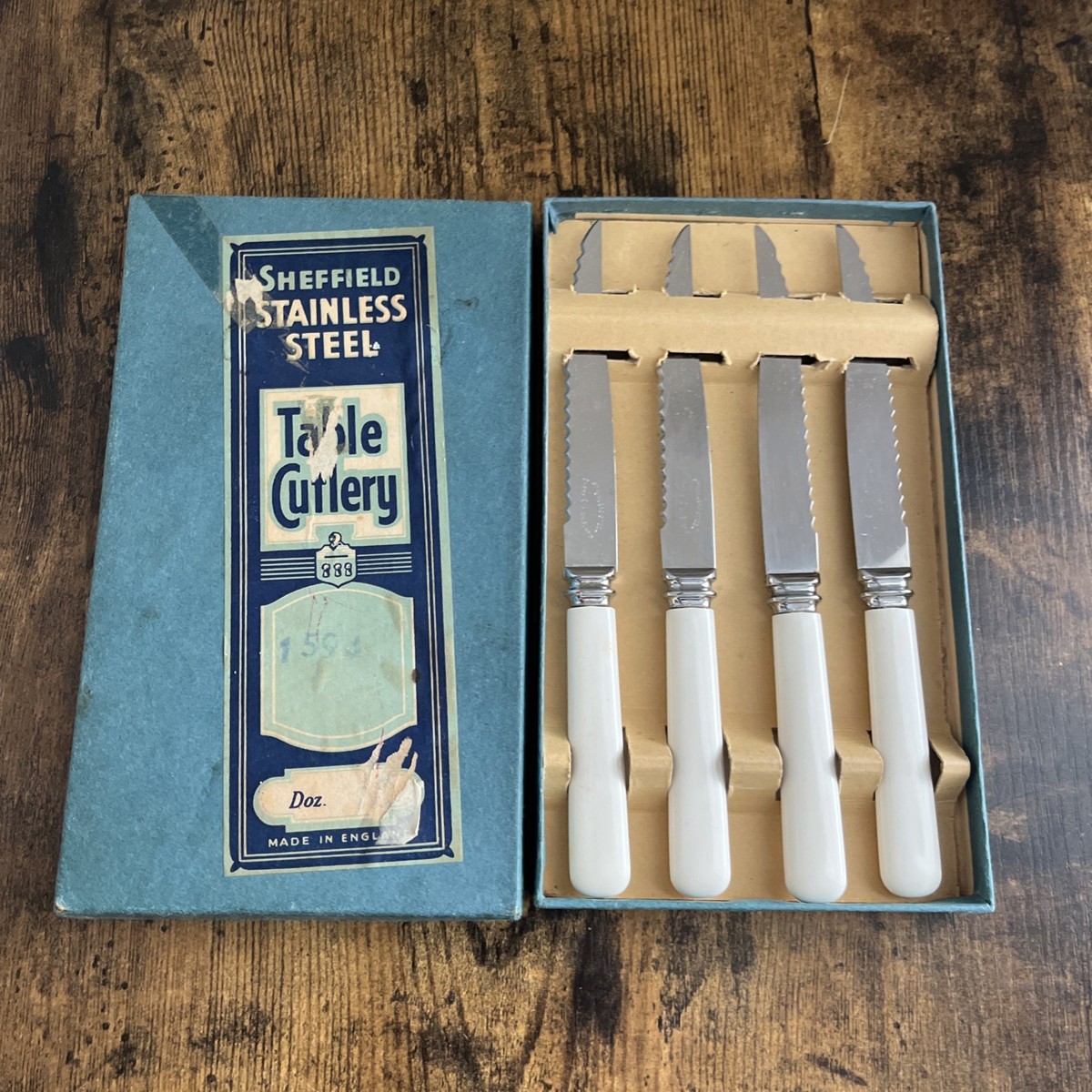 Vtg Sheffield Stainless Steel Cutlery Set Box 4 Knives Bone Color